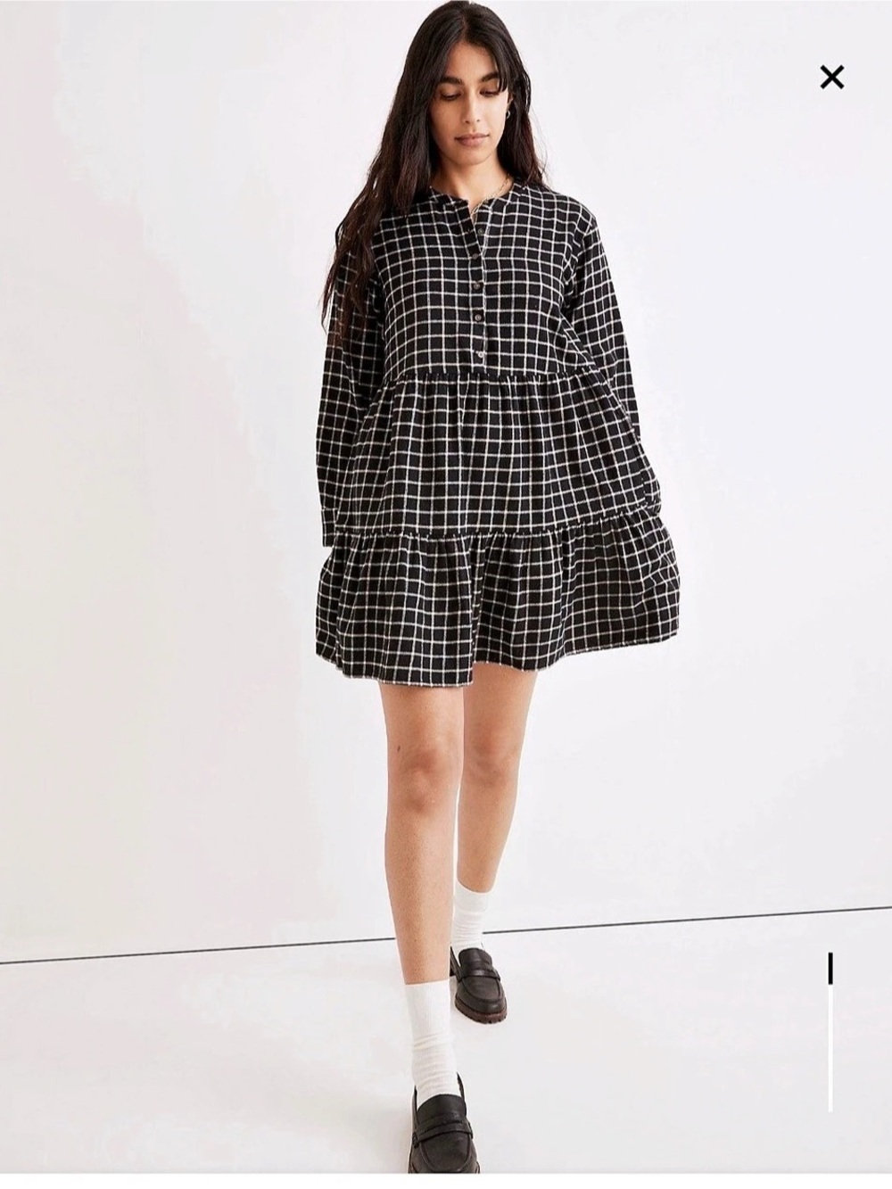 Madewell Flannel Button-Placket Tiered Mini Dress in Windowpane Black & White XL
